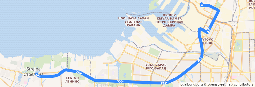 Mapa del recorrido Трамвай № 36: Стрельна => Оборонная улица de la línea  en Saint Petersburg.
