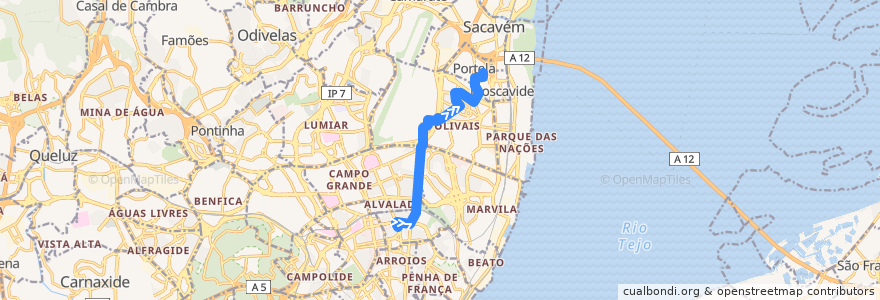 Mapa del recorrido Bus 722: Praça de Londres → Portela - Rua dos Escritores de la línea  en Lisboa.