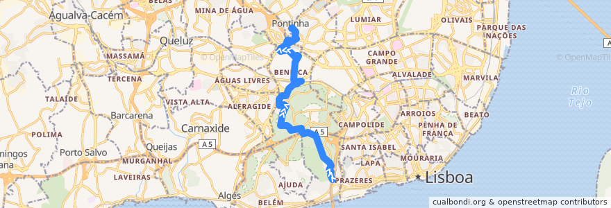 Mapa del recorrido Bus 724: Alcântara - Calçada da Tapada → Pontinha de la línea  en Лиссабон.