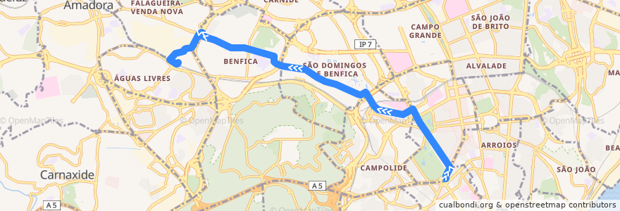 Mapa del recorrido Bus 746: Marquês de Pombal → Estação da Damaia de la línea  en Lisboa.