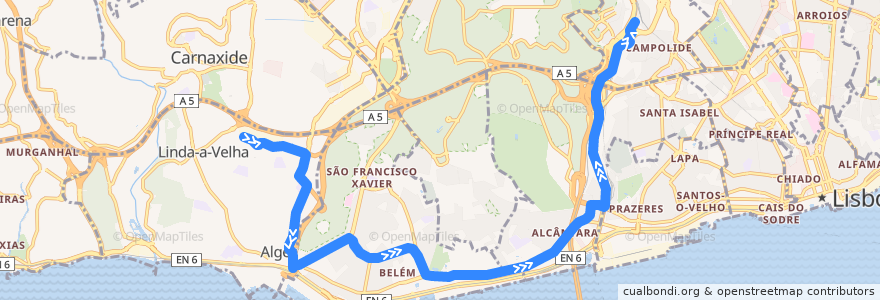 Mapa del recorrido Bus 751: Linda-a-Velha → Estação de Campolide de la línea  en Lisboa.