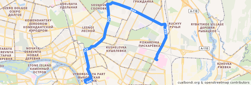 Mapa del recorrido Трамвай № 38: железнодорожная станция "Кушелевка" => проспект Мечникова de la línea  en Калининский район.