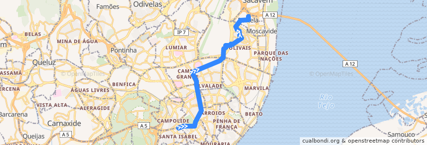 Mapa del recorrido Bus 783: Amoreiras (Centro Comercial) → Portela - Rua Mouzinho de Albuquerque de la línea  en Lisboa.