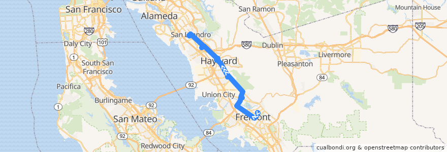 Mapa del recorrido AC Transit 801: Fremont BART => San Leandro BART de la línea  en 阿拉梅达县/阿拉米達縣/阿拉米達郡.