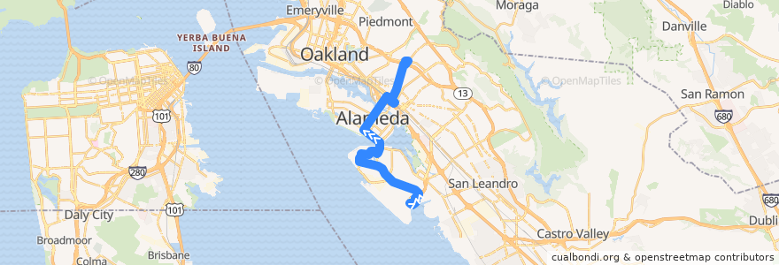 Mapa del recorrido AC Transit 21: Oakland International Airport => Dimond District de la línea  en Comté d'Alameda.