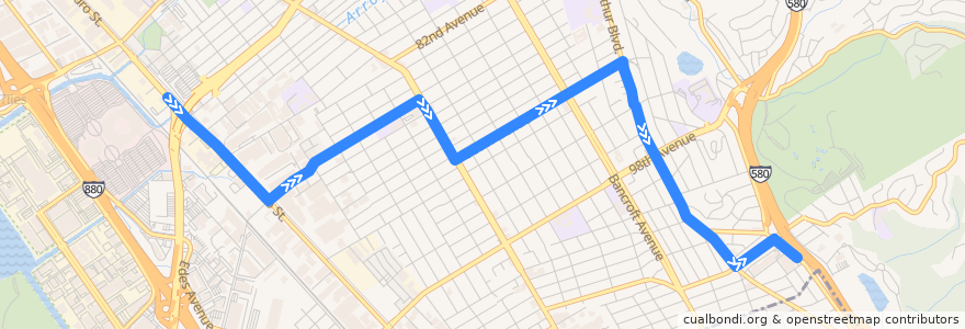 Mapa del recorrido AC Transit 90: Coliseum BART => Foothill Square de la línea  en Окленд.