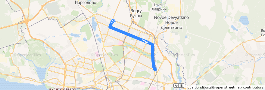 Mapa del recorrido Трамвай № 100: Придорожная аллея - Станция Ручьи de la línea  en Sankt Petersburg.