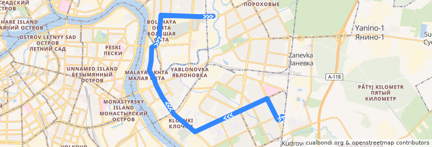 Mapa del recorrido Трамвай № 10: проспект Солидарности => Бокситогорская улица de la línea  en Санкт-Петербург.