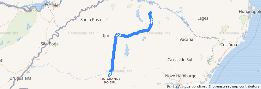 Mapa del recorrido Santa Maria → Erechim via BR-285 de la línea en Rio Grande do Sul.