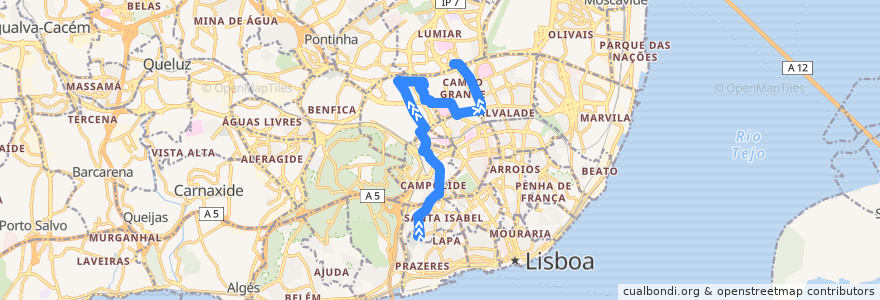 Mapa del recorrido Bus 701: Campo de Ourique (Prazeres) → Campo Grande (Metro) de la línea  en リスボン.