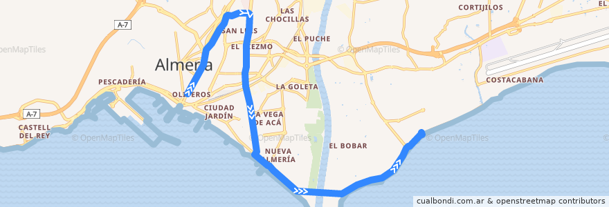 Mapa del recorrido L12: Zapillo - Universidad - Nueva Andalucía de la línea  en المرية.