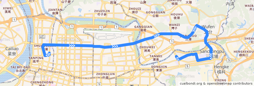 Mapa del recorrido 臺北市 民權幹線 臺北橋->南港 de la línea  en Taipei.