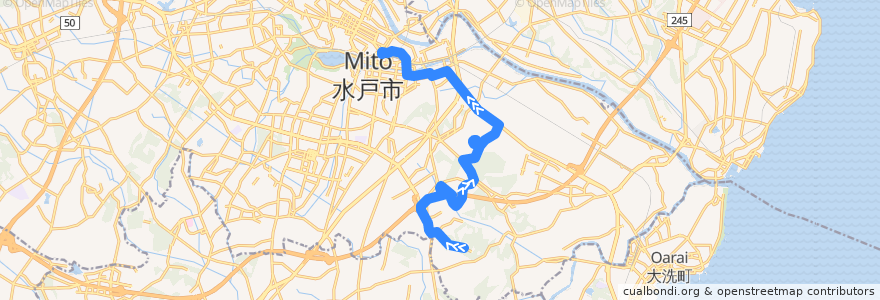 Mapa del recorrido 茨城交通バス55系統 常盤の杜中央⇒石川会館・百合が丘団地・水戸中央病院⇒水戸駅 de la línea  en 水戸市.