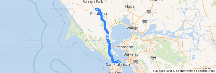 Mapa del recorrido Golden Gate Transit 76: San Francisco => East Petaluma (evenings) de la línea  en Kalifornien.
