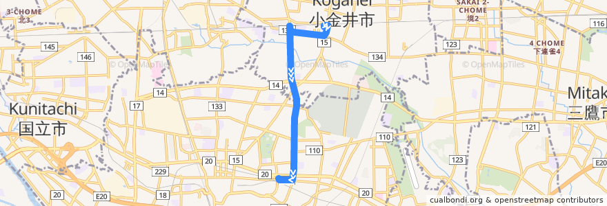 Mapa del recorrido 府75 de la línea  en 도쿄도.