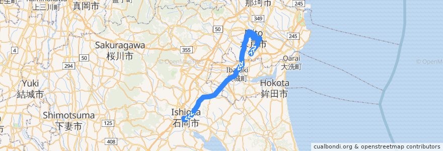 Mapa del recorrido 関東鉄道バス 吉沢車庫・水戸駅南口・水戸駅⇒奥ノ谷⇒石岡駅 de la línea  en 茨城県.