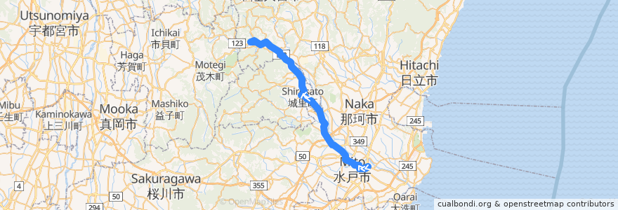 Mapa del recorrido 茨城交通バス45系統 浜田営業所⇒水戸駅・石塚⇒御前山車庫 de la línea  en Präfektur Ibaraki.