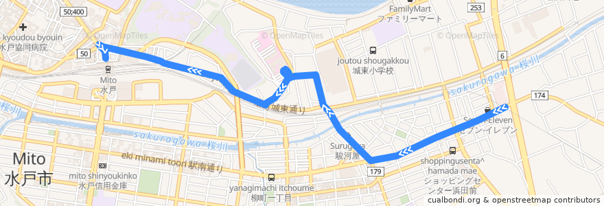 Mapa del recorrido 茨城交通バス 浜田営業所⇒東台・竹隈町・日赤病院⇒水戸駅 de la línea  en 水戸市.