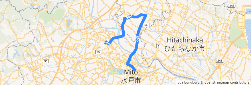 Mapa del recorrido 茨城交通バス26系統 茨大前営業所⇒水農前・茨城女子短大・那珂高校⇒水戸駅 de la línea  en 茨城県.