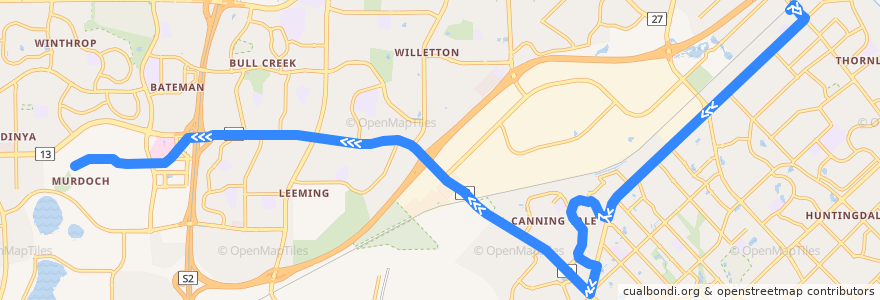 Mapa del recorrido Bus 207: Thornlie Station → Murdoch University de la línea  en Western Australia.