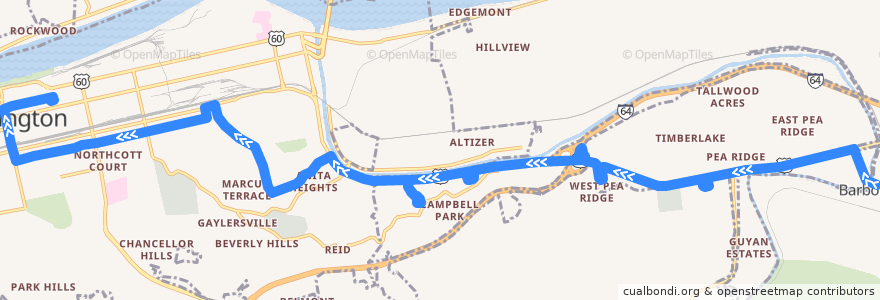 Mapa del recorrido Bus 5: Water Street/Farmdale Road -> East Hills Plaza -> TTA Center de la línea  en Cabell County.