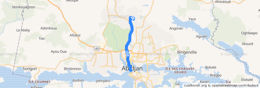Mapa del recorrido Bus 15 : Gare SOTRA Abobo Sogefiha → Gare Sud SOTRA Plateau Terminus 15 de la línea  en Abidjan.