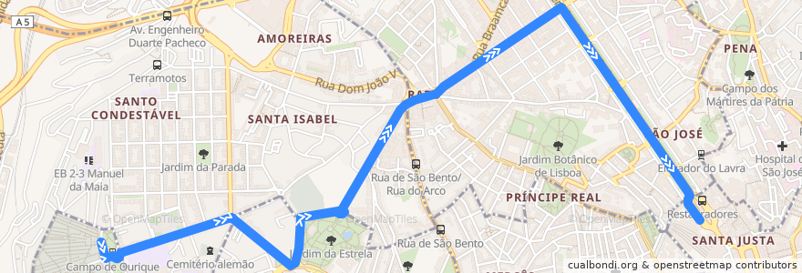 Mapa del recorrido Bus 709: Campo de Ourique (Prazeres) → Restauradores de la línea  en 리스본.