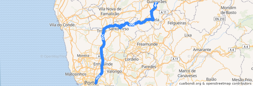 Mapa del recorrido Comboio Intercidades: Guimarães => Lisboa (Santa Apolónia) de la línea  en Portugal.