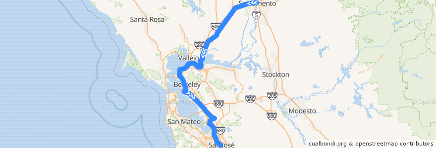 Mapa del recorrido Amtrak Capitol Corridor: Sacramento => San José de la línea  en کالیفرنیا.
