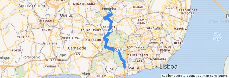 Mapa del recorrido Bus 724: Pontinha → Alcântara - Calçada da Tapada de la línea  en Lisboa.