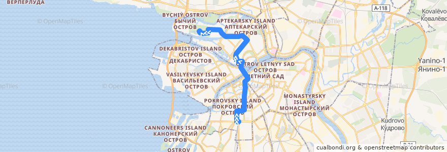 Mapa del recorrido Автобус № 10: Балтийский вокзал => Крестовский остров de la línea  en سانت بطرسبرغ.