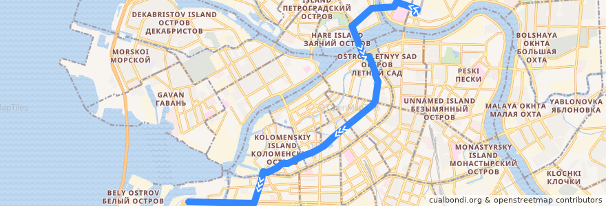 Mapa del recorrido Автобус № 49: Финляндский вокзал => Двинская улица de la línea  en Санкт-Петербург.