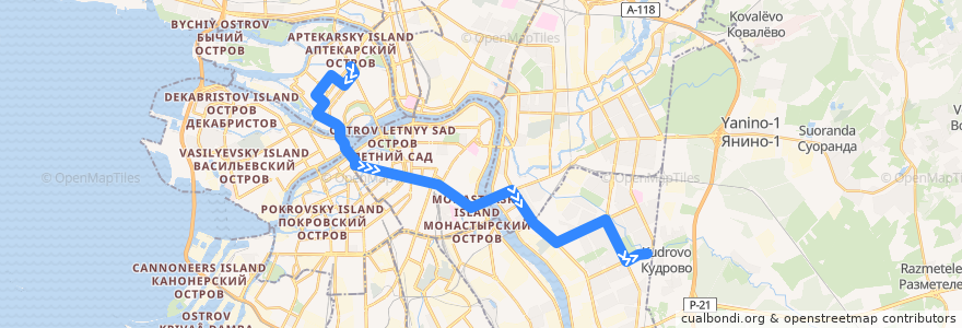 Mapa del recorrido Автобус № 191: станция метро «Петроградская» => река Оккервиль de la línea  en Санкт-Петербург.