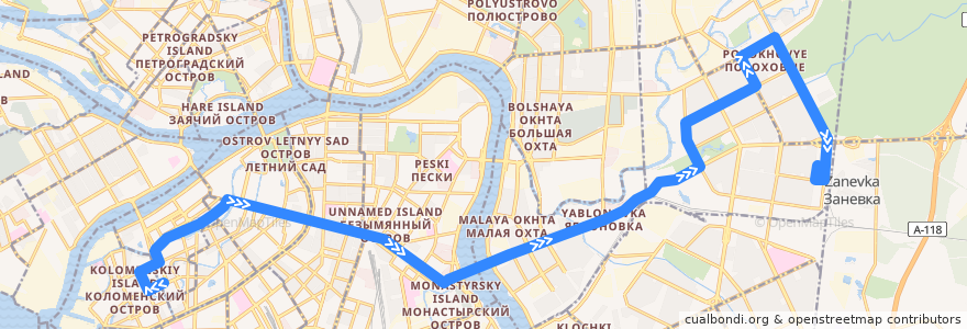Mapa del recorrido Автобус № 27: Театральная площадь => Белорусская улица de la línea  en Санкт-Петербург.