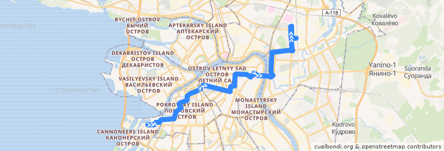 Mapa del recorrido Автобус № 22: Двинская улица => улица Стасовой de la línea  en Санкт-Петербург.