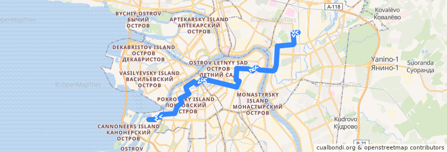 Mapa del recorrido Автобус № 22: улица Стасовой => Двинская улица de la línea  en 상트페테르부르크.