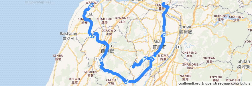 Mapa del recorrido 5815 彎瓦→高鐵苗栗站(經五湖) de la línea  en Мяоли.