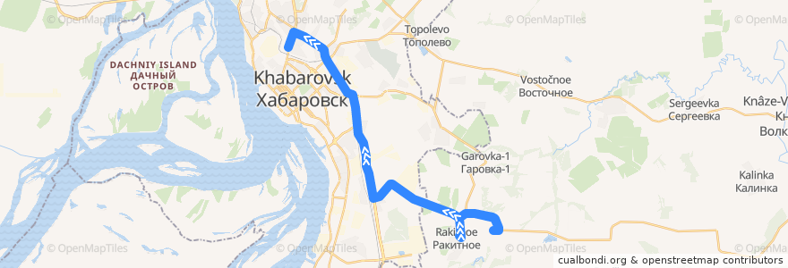 Mapa del recorrido Автобус 104: посёлок Ракитное - Автовокзал de la línea  en Territorio di Chabarovsk.