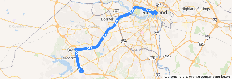 Mapa del recorrido GRTC 82x Commonwealth 20 Express de la línea  en Virginia.