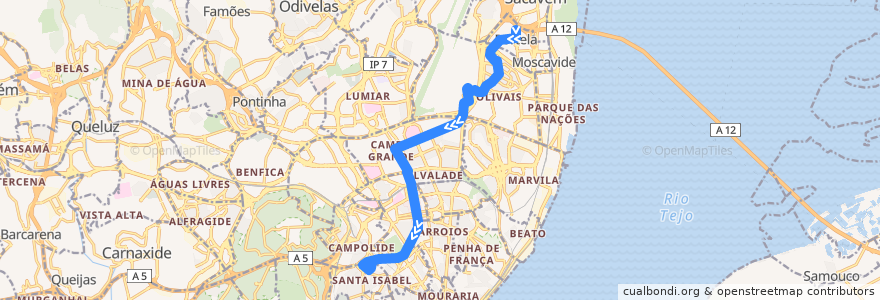 Mapa del recorrido Bus 783: Portela - Rua Mouzinho de Albuquerque → Amoreiras (Centro Comercial) de la línea  en Lisboa.
