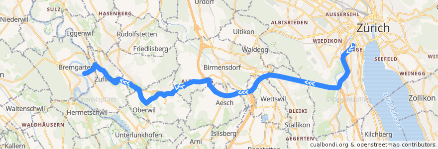 Mapa del recorrido Bus 444: Zürich, Bahnhof Enge/Bederstrasse → Bremgarten AG, Obertorplatz de la línea  en Schweiz/Suisse/Svizzera/Svizra.