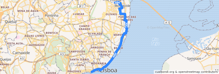 Mapa del recorrido Bus 728: Centro Comercial da Portela → Cais do Sodré de la línea  en Portugal.