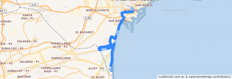 Mapa del recorrido 27: Urbanova ⇒ Óscar Esplá (paso Euipo y Av. Elche) de la línea  en Alicante.