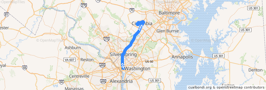 Mapa del recorrido Commuter Bus 325: Columbia (from Metro Center) de la línea  en メリーランド州.
