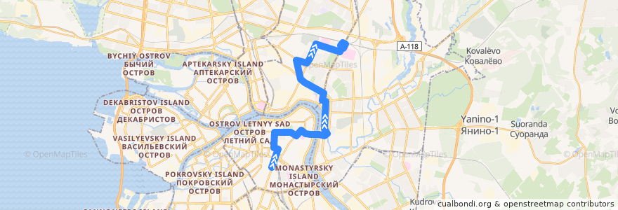 Mapa del recorrido Автобус № 105: станция метро "Площадь Восстания" => ж/д станция Пискарёвка de la línea  en Санкт-Петербург.