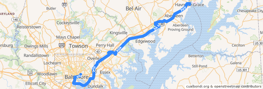 Mapa del recorrido Commuter Bus 420: Havre de Grace (trip A via White Marsh) de la línea  en ماريلاند.
