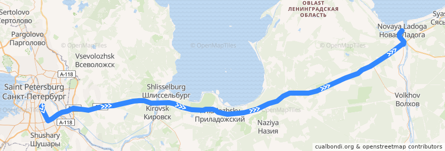 Mapa del recorrido Автобус № 847: Санкт-Петербург - Новая Ладога de la línea  en Leningrad Oblast.