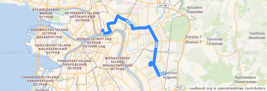 Mapa del recorrido Троллейбус № 43: река Оккервиль => Боткинская улица de la línea  en 상트페테르부르크.