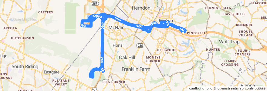 Mapa del recorrido Fairfax Connector Route 983 Udvar-Hazy Center-Wiehle-Reston East de la línea  en Virginia.