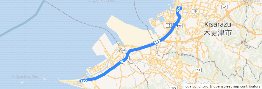 Mapa del recorrido 富津線（上り） de la línea  en Préfecture de Chiba.